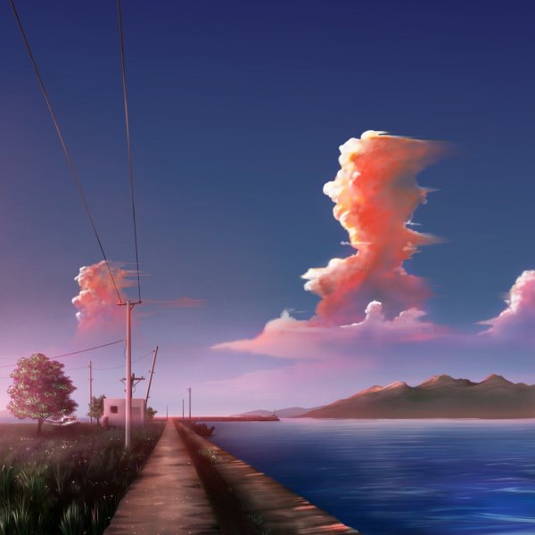 Anime picture 1200x1200 with original monorisu sky cloud (clouds) evening mountain landscape field lake plant (plants) tree (trees) water sea grass wire (wires) house power lines road