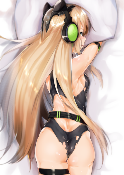 Anime picture 1771x2508 with girls frontline tmp (girls frontline) uno ryoku single long hair tall image looking at viewer blush fringe highres light erotic blonde hair green eyes animal ears ass lying looking back from behind cat ears torn clothes