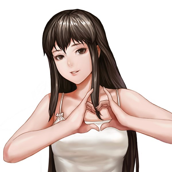 Anime picture 1000x1000 with original ryouki tamashii single long hair looking at viewer fringe simple background smile brown hair white background brown eyes payot upper body heart hands girl