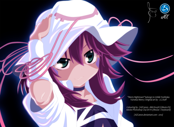 Anime picture 1792x1310 with yumekui merry merry nightmare azcanon (artist) single long hair highres simple background smile green eyes pink hair inscription coloring black background portrait girl ribbon (ribbons) hat