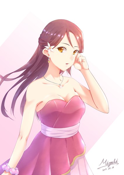 Anime picture 1254x1771 with love live! sunshine!! sunrise (studio) love live! sakurauchi riko haruna miyabi single long hair tall image looking at viewer breasts simple background brown hair standing white background bare shoulders signed yellow eyes cleavage parted lips hair flower