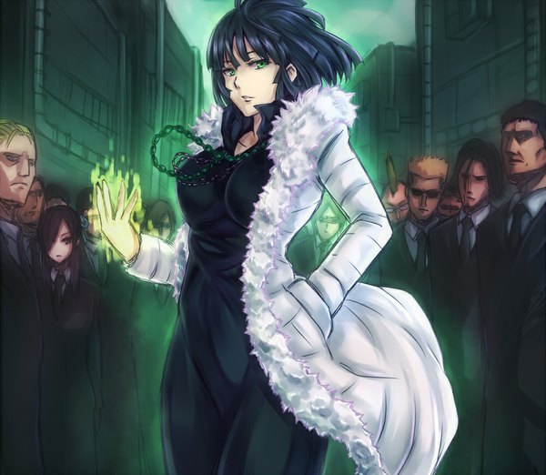Anime picture 1000x871 with one-punch man madhouse fubuki (one-punch man) inaba-no-kuni-tottori long hair looking at viewer fringe short hair breasts black hair blonde hair multiple girls green eyes parted lips lips hair over one eye multiple boys fur trim glowing hand in pocket