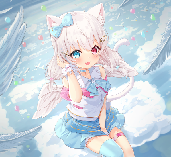 Anime picture 4050x3725 with virtual youtuber tsukiman single long hair looking at viewer blush fringe highres open mouth blue eyes smile hair between eyes sitting twintails animal ears absurdres sky cloud (clouds) outdoors white hair