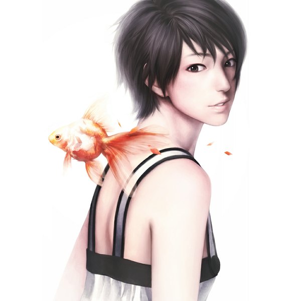 Anime picture 1000x1000 with original iwai ryo single looking at viewer short hair black hair simple background brown hair white background looking back realistic girl fish (fishes)