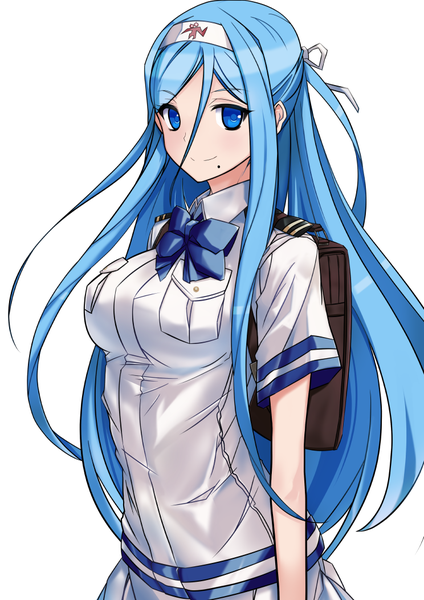 Anime picture 744x1052 with aoki hagane no arpeggio takao (aoki hagane no arpeggio) nerocc single long hair tall image looking at viewer breasts blue eyes simple background smile hair between eyes large breasts standing white background blue hair mole mole under mouth girl bow