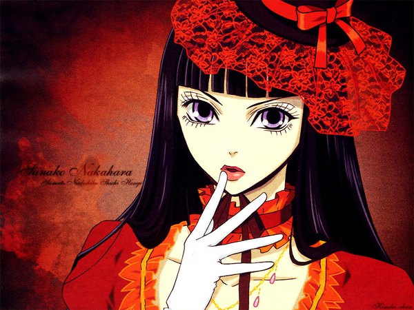 Anime picture 1024x768 with yamato nadeshiko shichi henge nakahara sunako single long hair black hair finger to mouth face girl dress gloves bow hat jewelry red dress