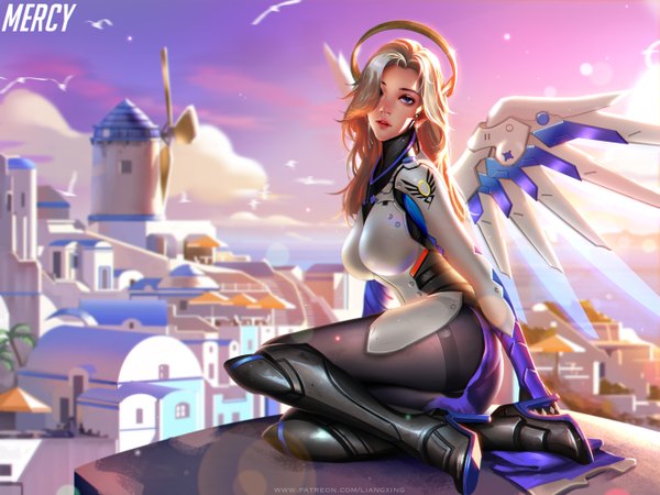 Anime picture 1333x1000 with overwatch blizzard entertainment mercy (overwatch) liang xing single long hair looking at viewer fringe breasts light erotic blonde hair purple eyes signed sky cloud (clouds) full body bent knee (knees) outdoors lips sunlight