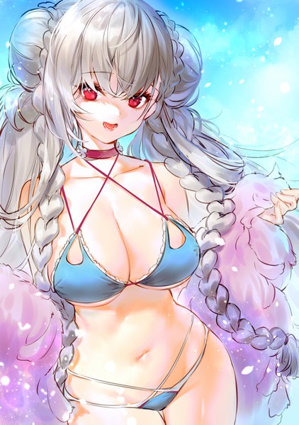 Anime picture 2000x2846 with azur lane formidable (azur lane) formidable (the lady of the beach) (azur lane) black joa single long hair tall image looking at viewer fringe highres breasts open mouth light erotic smile hair between eyes red eyes large breasts standing bare shoulders cleavage