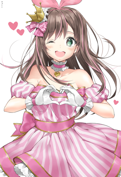 Anime picture 800x1164 with virtual youtuber a.i. channel kizuna ai h shai single long hair tall image blush fringe open mouth simple background smile brown hair standing white background bare shoulders one eye closed multicolored hair aqua eyes wink