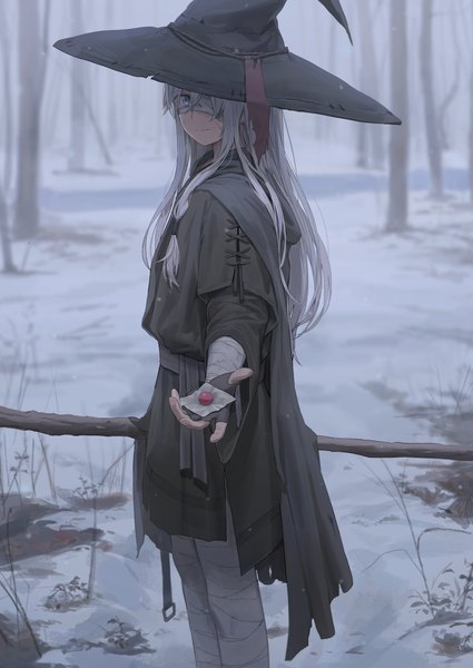 Anime picture 5784x8170 with original free style (yohan1754) single long hair tall image looking at viewer fringe highres blue eyes smile standing holding absurdres outdoors grey hair blurry depth of field winter snow outstretched hand