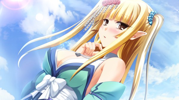 Anime picture 1024x576 with kamidori alchemy meister seravalwie endorse long hair blonde hair wide image brown eyes game cg pointy ears alternate costume alternate hairstyle girl