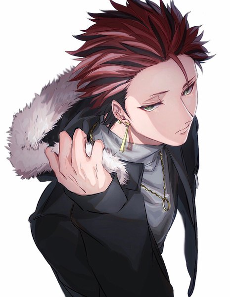 Anime picture 1084x1399 with ensemble stars! kiryuu kurou saamon (dream81come) single tall image short hair simple background white background upper body red hair from above open jacket fur trim piercing ear piercing shaded face boy earrings jacket pendant