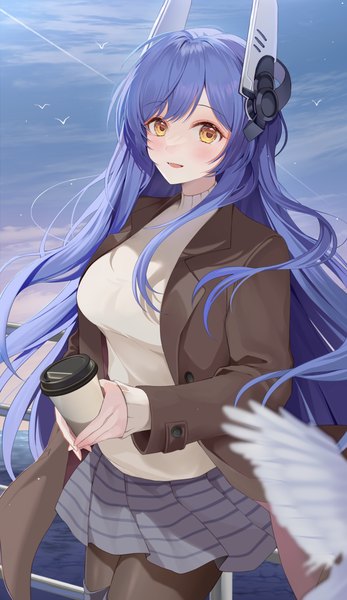 Anime picture 2412x4173 with girls frontline tar-21 (girls' frontline) ion (on01e) single long hair tall image looking at viewer highres standing yellow eyes blue hair pleated skirt girl skirt miniskirt animal bird (birds) cloak turtleneck disposable cup