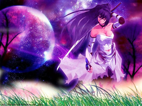 Anime picture 1024x768 with long hair bare shoulders blue hair purple hair ponytail one eye closed wink torn clothes space girl gloves plant (plants) sword tree (trees) katana star (stars) bandage (bandages)