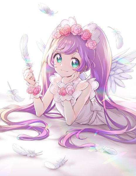 Anime picture 2318x3000 with puri para pretty (series) manaka lala tsurubara meto single long hair tall image highres holding green eyes looking away purple hair lying hair flower light smile on stomach white wings head rest girl dress