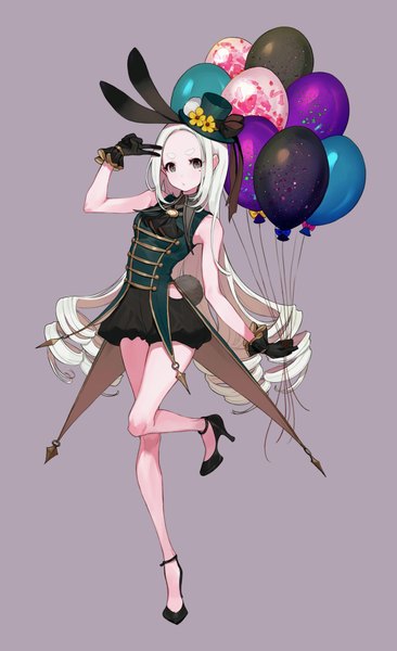 Anime picture 1221x2000 with original yuu (higashi no penguin) single long hair tall image looking at viewer fringe breasts simple background standing bare shoulders holding animal ears payot full body bent knee (knees) white hair tail animal tail arm up