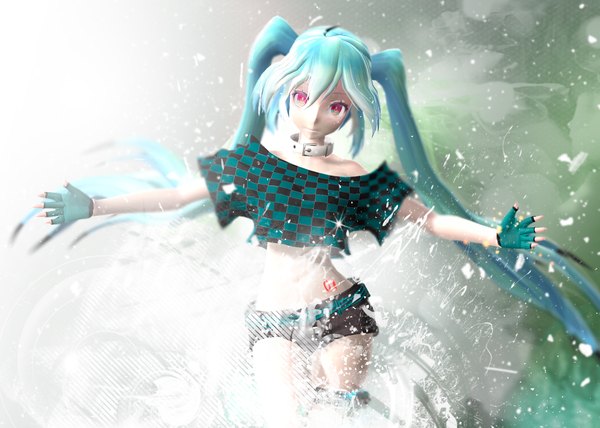 Anime picture 1679x1200 with vocaloid hatsune miku stigmata5 single long hair looking at viewer fringe smile standing twintails bare shoulders pink eyes aqua hair bare belly tattoo spread arms checkered mikumikudance girl gloves