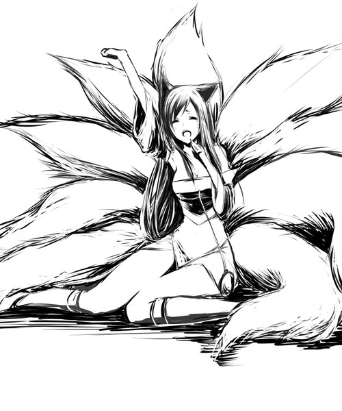 Anime picture 1500x1800 with league of legends ahri (league of legends) harutogura single long hair tall image open mouth simple background white background sitting bare shoulders animal ears tail eyes closed traditional clothes japanese clothes animal tail fox ears facial mark fox tail