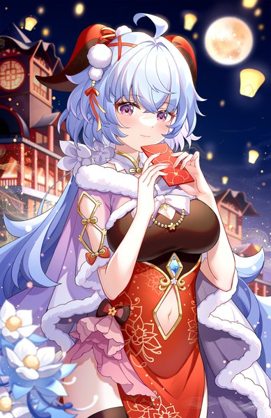 Anime picture 1000x1542 with genshin impact ganyu (genshin impact) gou lianlian dogface single long hair tall image looking at viewer fringe breasts smile hair between eyes large breasts holding blue hair ahoge outdoors traditional clothes pink eyes hair flower horn (horns)