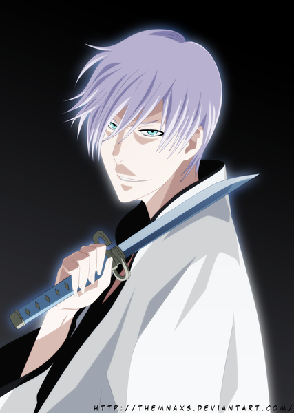 Anime picture 2000x2813 with bleach studio pierrot ichimaru gin themnaxs single tall image highres short hair simple background smile white hair japanese clothes aqua eyes grey background coloring boy weapon sword kimono katana