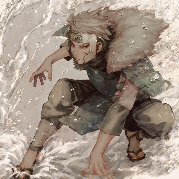 Anime picture 1480x1480 with naruto studio pierrot naruto (series) senju tobirama subuta (butabutasubuta) single looking at viewer short hair red eyes full body bent knee (knees) grey hair grey background fur trim facial mark squat fighting stance serious frown hokage