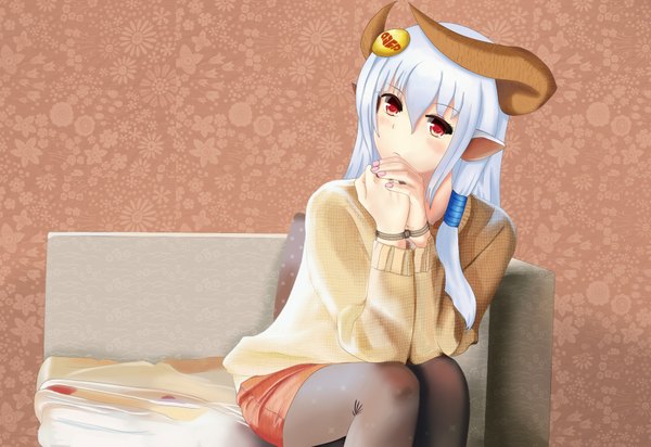 Anime picture 1863x1280 with original d10c2 single long hair blush fringe highres red eyes sitting animal ears blue hair horn (horns) pointy ears bound hands girl skirt pantyhose sweater wall