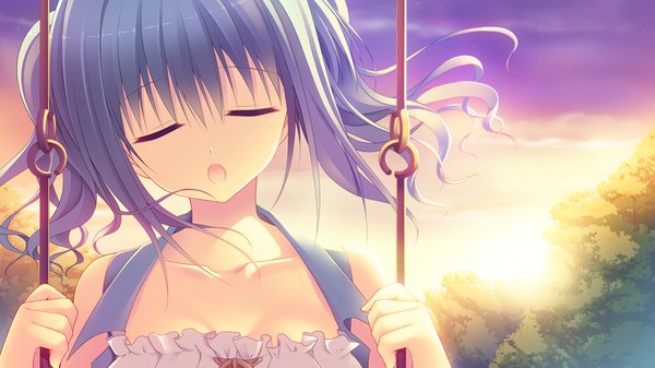 Anime picture 1280x720 with sora tobu hitsuji to manatsu no hana kirisame yuu hazumi rio single long hair blush open mouth wide image twintails bare shoulders blue hair game cg eyes closed evening portrait sunset girl dress plant (plants) tree (trees)