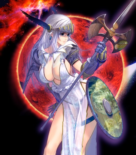 Anime picture 1050x1200 with original masao single long hair tall image breasts blue eyes light erotic large breasts standing looking away grey hair leaning leaning forward black wings head wings red moon girl gloves weapon