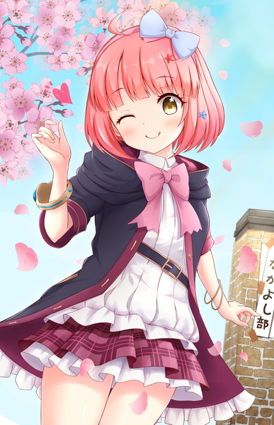 Anime-Bild 1000x1550 mit princess connect! re:dive princess connect! chieru (princess connect!) regi (r regi) single tall image looking at viewer short hair smile yellow eyes pink hair ahoge outdoors head tilt one eye closed wink cherry blossoms girl hair ornament bow