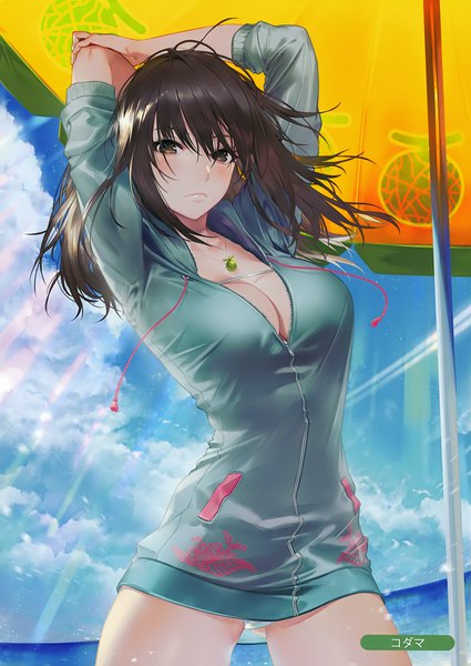 Anime picture 2481x3500 with melonbooks kodama (wa-ka-me) single long hair tall image looking at viewer blush fringe highres breasts light erotic hair between eyes brown hair standing brown eyes sky cleavage cloud (clouds) wind sunlight