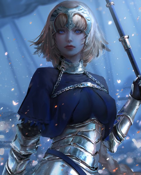 Anime picture 4339x5394 with fate (series) fate/grand order jeanne d'arc (fate) (all) jeanne d'arc (fate) nixeu single tall image fringe highres short hair blue eyes blonde hair holding looking away absurdres upper body outdoors blunt bangs realistic girl