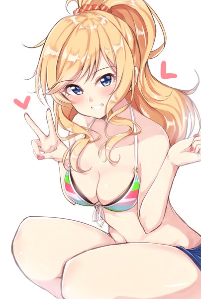 Anime picture 580x860 with idolmaster idolmaster cinderella girls ootsuki yui jiino single long hair tall image looking at viewer blush fringe breasts blue eyes light erotic blonde hair simple background smile white background bare shoulders payot cleavage