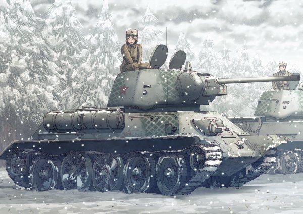 Anime picture 1200x848 with original earasensha snowing winter snow military soldier weapon plant (plants) tree (trees) armor ground vehicle tank caterpillar tracks t-34