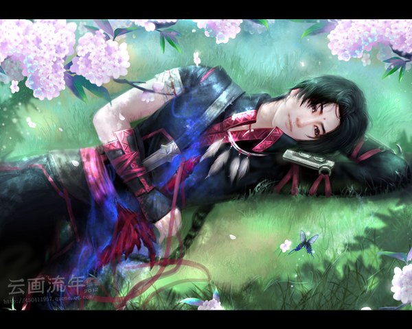 Anime picture 1280x1024 with hiliuyun (artist) single long hair black hair signed lying black eyes realistic single braid boy flower (flowers) plant (plants) petals tree (trees) insect butterfly feather (feathers) grass