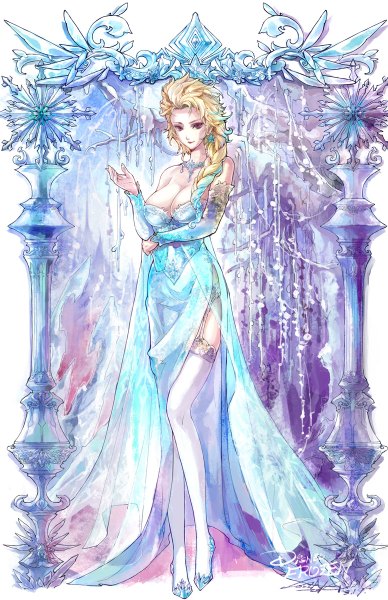 Anime picture 776x1200 with frozen (disney) disney elsa (frozen) loiza single long hair tall image looking at viewer breasts light erotic blonde hair red eyes large breasts bare shoulders cleavage bent knee (knees) braid (braids) single braid snow girl