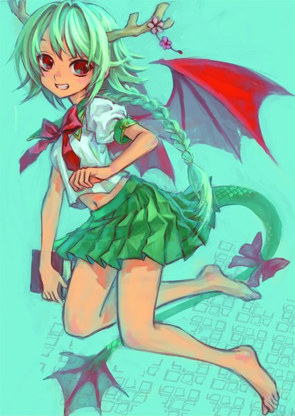 Anime picture 2507x3541 with original ama-tou single long hair tall image looking at viewer highres smile red eyes tail braid (braids) pleated skirt barefoot horn (horns) green hair short sleeves midriff grin single braid bat wings