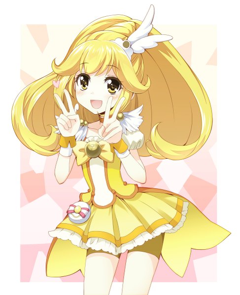 Anime picture 975x1200 with precure smile precure! toei animation kise yayoi cure peace orda single long hair tall image looking at viewer blush open mouth blonde hair smile yellow eyes :d victory girl dress hair ornament