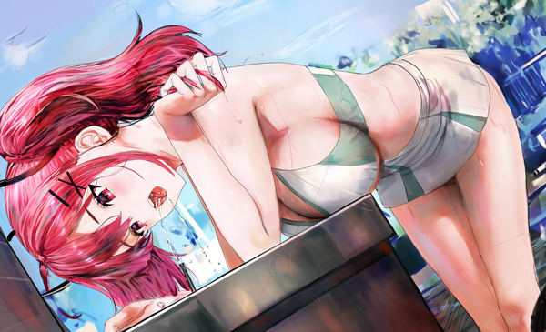 Anime picture 4830x2940 with azur lane bremerton (azur lane) bremerton (scorching-hot training) (azur lane) ah (pixiv62888100) single long hair blush highres breasts open mouth light erotic red eyes wide image large breasts standing twintails bare shoulders looking away pink hair absurdres
