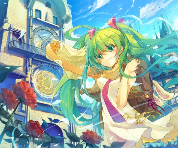 Anime picture 840x700 with vocaloid hatsune miku yayin (yayin233) single long hair looking at viewer fringe smile hair between eyes twintails green eyes sky cloud (clouds) outdoors green hair wind girl dress flower (flowers) ribbon (ribbons)