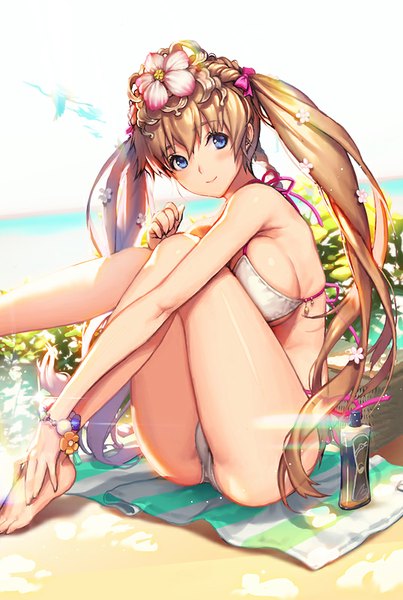 Anime picture 538x800 with million arthur (series) kaku-san-sei million arthur original square enix chunhyang kkuem single long hair tall image looking at viewer blush fringe breasts blue eyes light erotic brown hair large breasts sitting twintails sky