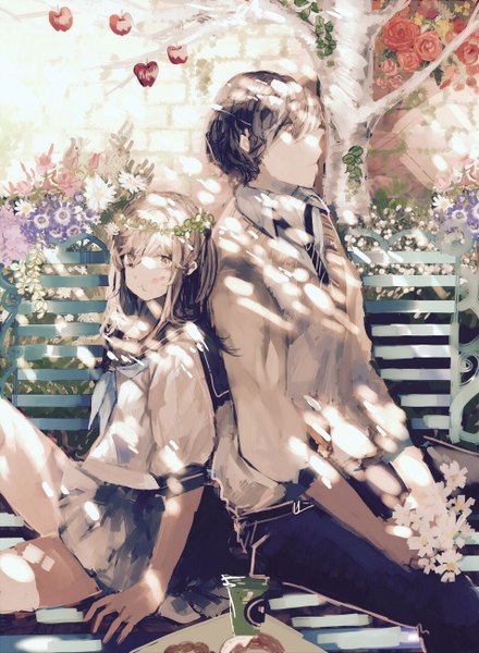 Anime picture 954x1300 with original manbou no shigai long hair tall image looking at viewer fringe short hair hair between eyes brown hair sitting holding brown eyes payot looking away bent knee (knees) outdoors profile pleated skirt sunlight shadow
