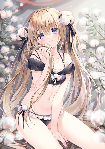 Anime picture 885x1250 with original suimya single long hair tall image looking at viewer blush fringe blue eyes light erotic blonde hair smile hair between eyes sitting twintails payot head tilt blurry underwear only :3