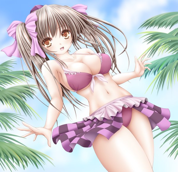 Anime picture 1245x1200 with touhou himekaidou hatate akino irori single long hair blush breasts open mouth light erotic smile brown hair large breasts twintails brown eyes sky cleavage cloud (clouds) bare belly skirt lift checkered