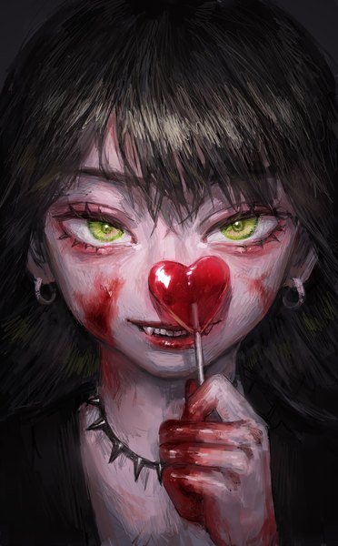 Anime picture 1979x3192 with original hatena (nazequestion) single long hair tall image looking at viewer fringe highres black hair green eyes parted lips light smile teeth blood on face girl earrings choker food heart sweets