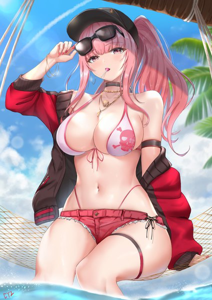 Anime picture 682x965 with virtual youtuber hololive hololive english mori calliope cyicheng single long hair tall image looking at viewer fringe breasts light erotic large breasts sitting bare shoulders holding signed payot pink hair sky