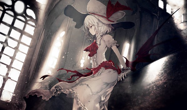 Anime picture 1617x953 with touhou remilia scarlet yoshioka yoshiko single fringe short hair hair between eyes red eyes wide image sitting looking away silver hair indoors arm support short sleeves puffy sleeves bat wings low wings girl dress