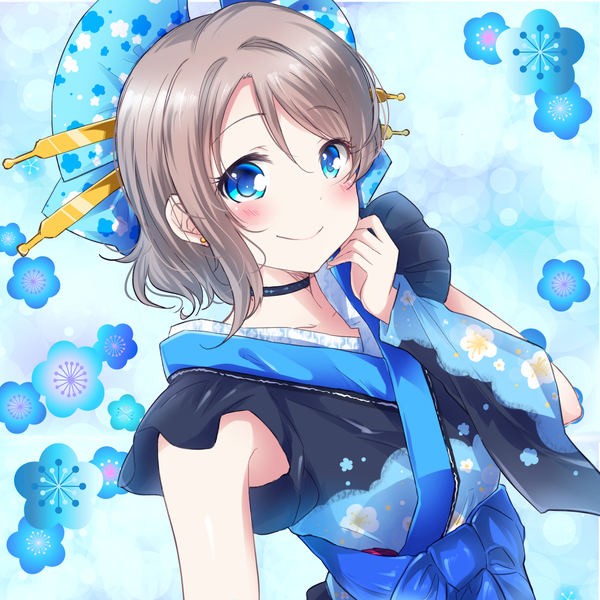 Anime picture 2048x2048 with love live! sunshine!! sunrise (studio) love live! watanabe you zero-theme single looking at viewer blush fringe highres short hair blue eyes simple background smile hair between eyes upper body traditional clothes japanese clothes grey hair floral print