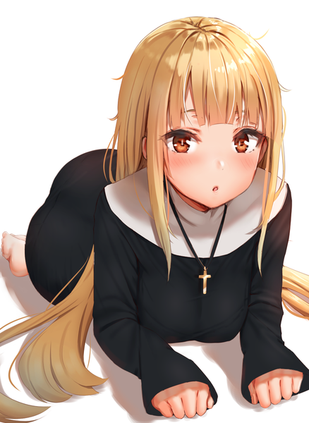 Anime picture 876x1200 with original reinama single long hair tall image looking at viewer blush fringe open mouth simple background blonde hair white background brown eyes payot blunt bangs barefoot :o shadow sleeves past wrists on all fours