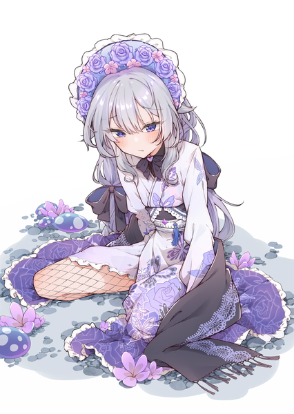 Anime picture 2490x3510 with virtual youtuber hololive hololive english koseki bijou koseki bijou (new year) airenif single long hair tall image blush fringe highres hair between eyes sitting purple eyes silver hair traditional clothes japanese clothes official alternate costume girl