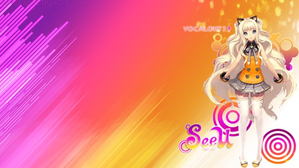 Anime picture 1360x768 with vocaloid seeu single long hair looking at viewer fringe blue eyes blonde hair wide image animal ears cat ears inscription girl thighhighs skirt bow white thighhighs bracelet microphone